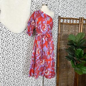 Eloquii | Tropical Print Bird One Shoulder Puff Sleeve Red Purple Midi Dress 18